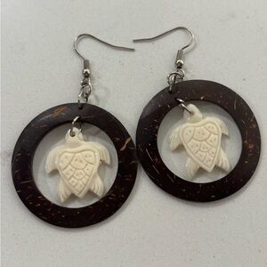 Coconut Shell Hoop Earrings with Ivory colored Turtle Charms